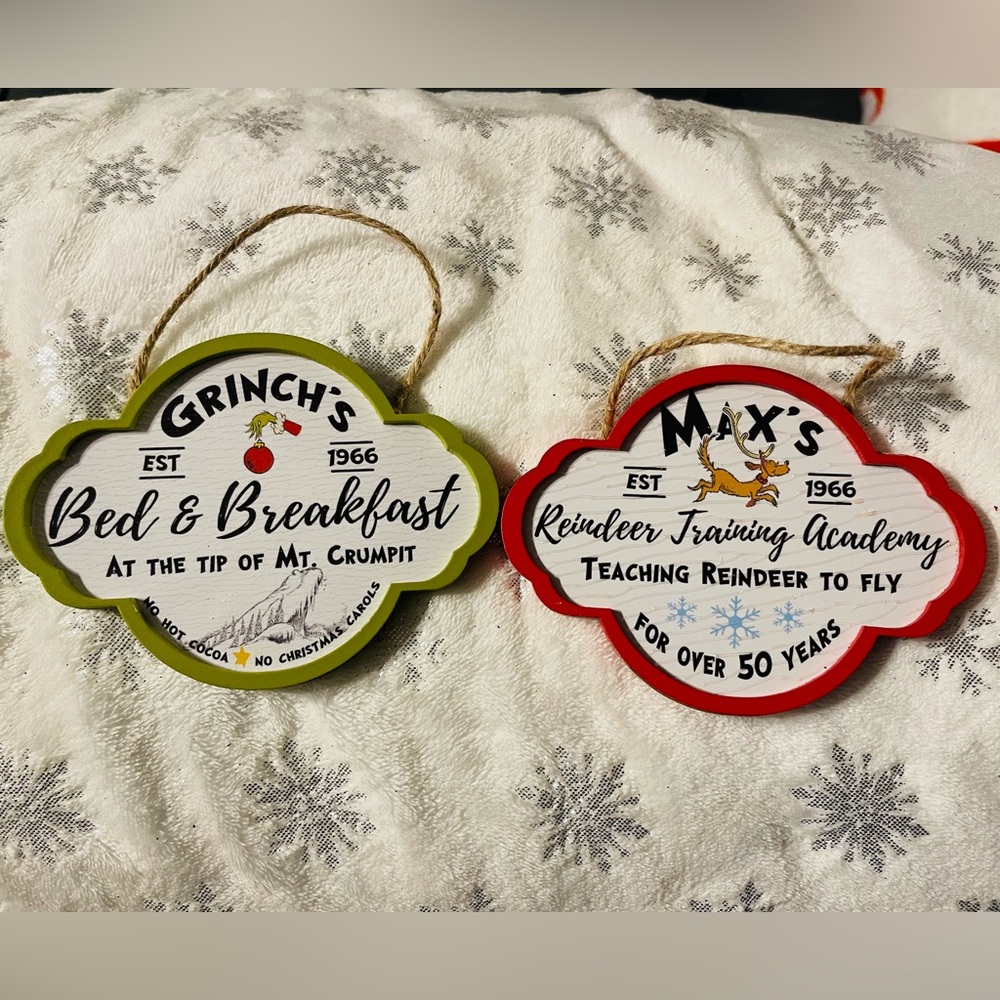 Grinch's Green Bed & Breakfast and Max's Red Reindeer Ornament